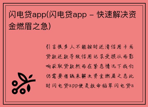 闪电贷app(闪电贷app - 快速解决资金燃眉之急)